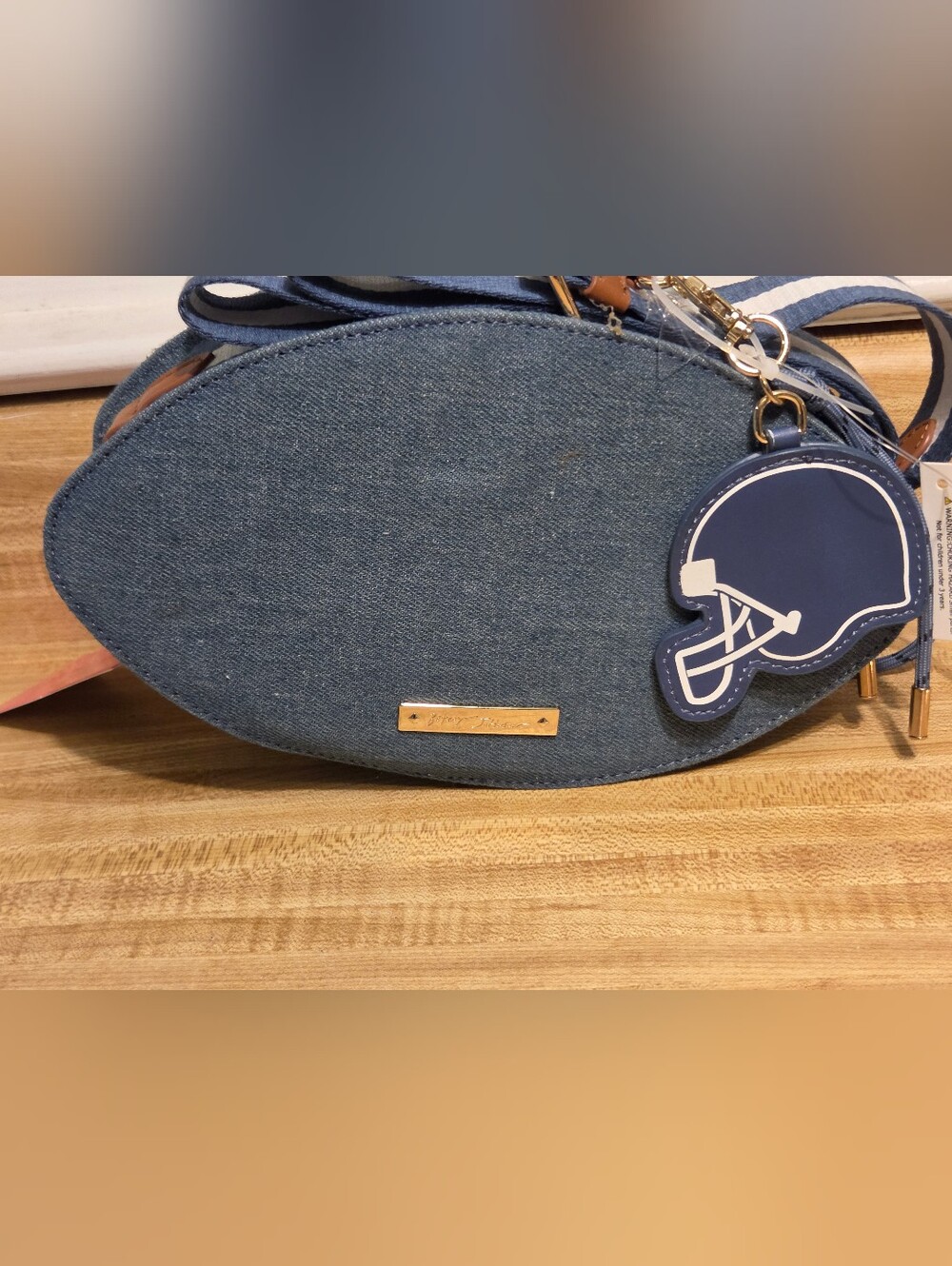Betsey Johnson NWT Denim Football Crossbody W/Guitar Strap & Bag Charm - Picture 5 of 6